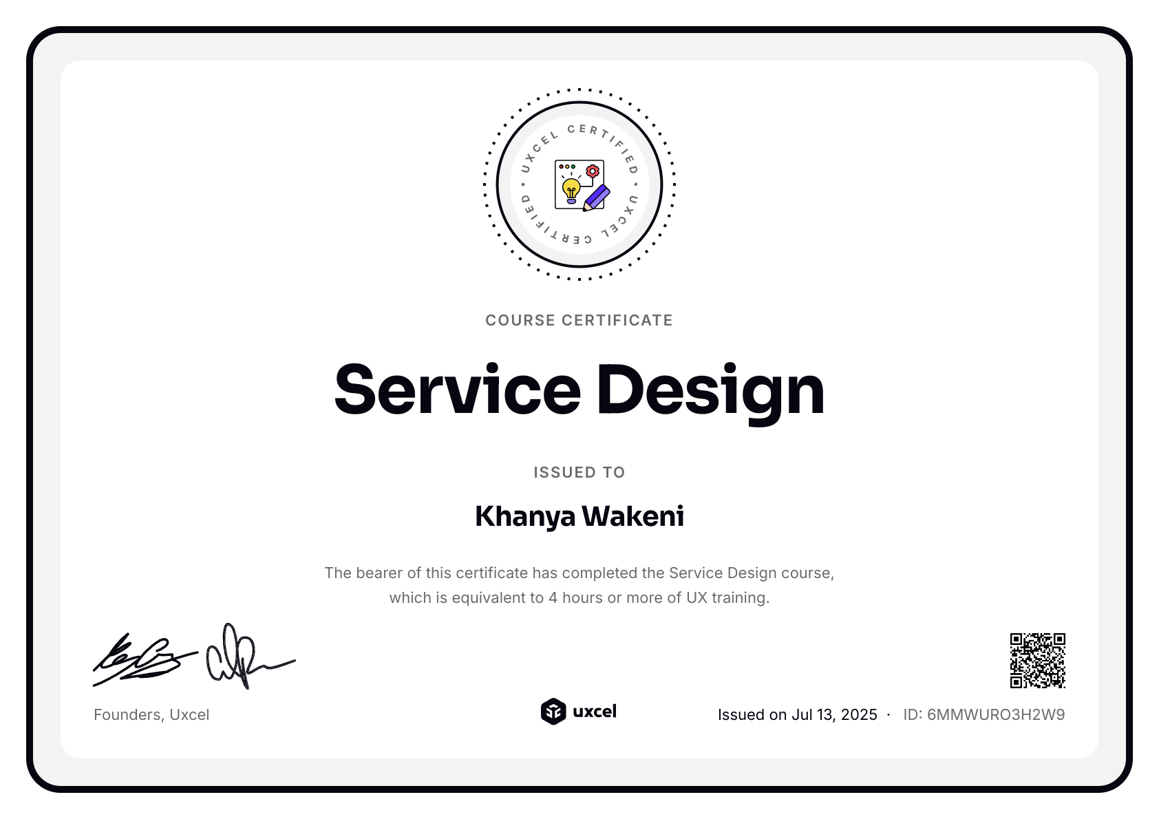 Khanya Wakeni's certificate